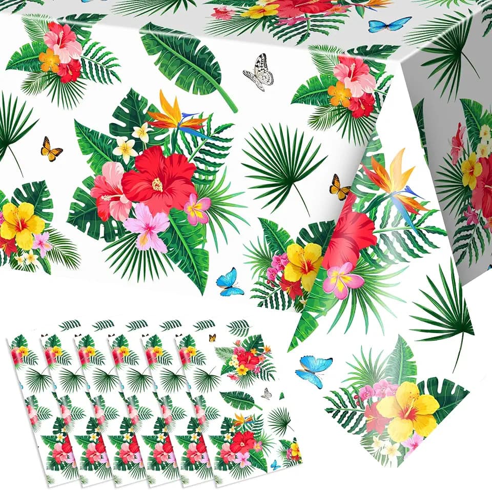 Avezano 6 pcs Hawaiian Table Cloths Summer Luau Table Cloths Plastic 108 x 54 inch Hawaii Palm Leaf Tropical Table Cloth for Summer Aloha BBQ Party Decorations