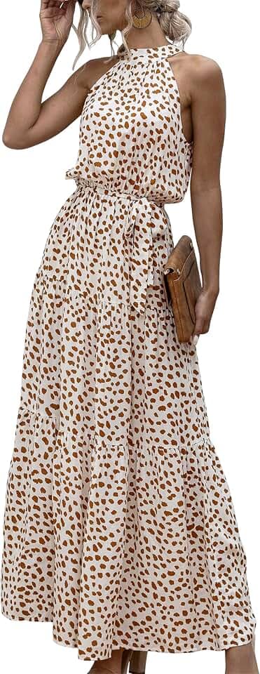 Damen Langes Sommerkleid ohne Ärmel mit Fliege Taille rückenfrei mit hohem Kragen Gürtel