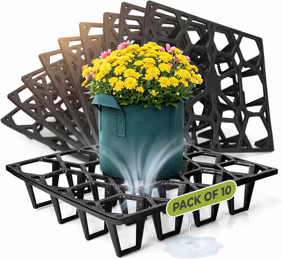 Plant Riser – Pot Spacer for Grow Bags, Planters & Containers – UV-Resistant Drainage Tray for Airflow, Root Health & Cleaner Surfaces (Standard Black, 10 Pack)