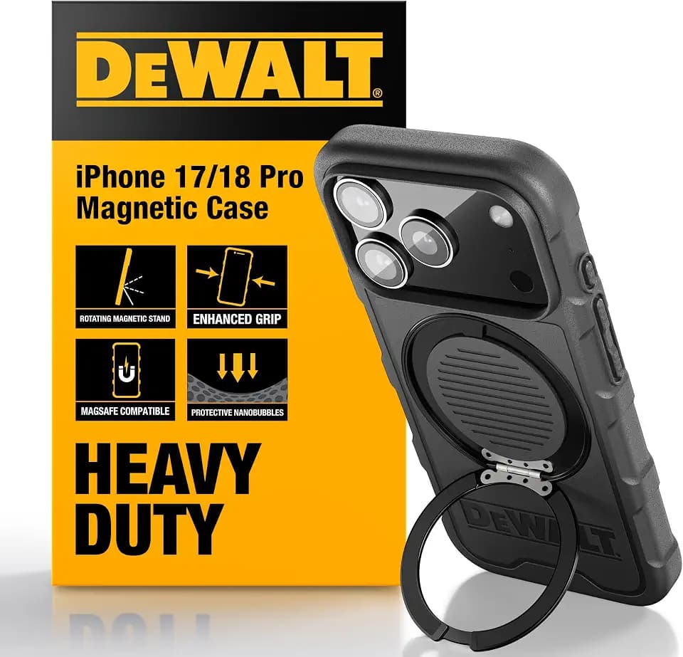 DEWALT Compatible iPhone 17/18 Pro Magnetic Case with Stand, Rugged Shockproof Cover w/ 360° Rotatable Ring Holder, Compatible with MagSafe iPhone 17/18 Pro Case Kickstand, Heavy-Duty Protective