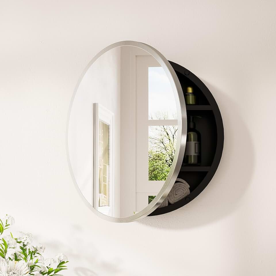 Keonjinn 20 Inch Round Medicine Cabinet with Mirror, Brushed Nickel Surface Mount Medicine Cabinet for Bathroom, Framed Circular Bathroom Cabinet Wall Mounted, Round Vanity Mirror with Storage