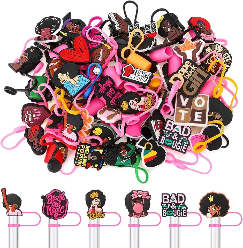 50 Pcs Pink Black Girl Straw Cover Caps Compatible with Stanley