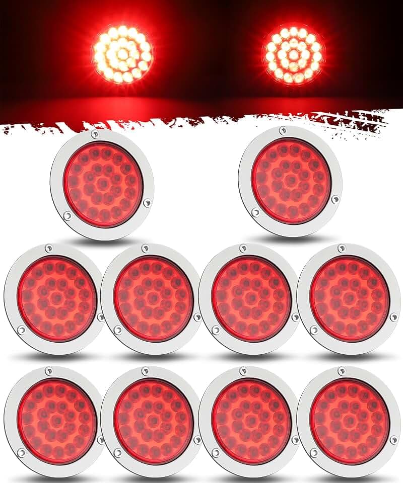 Partsam 10x 4 Round Led Trailer Tail Lights Red 24LEDs Flange Mount Sealed Chrome LED Stop Turn Tail Lights Marker Clearance Brake Running Taillights Hardwired Waterproof for RV Trucks 12V DC