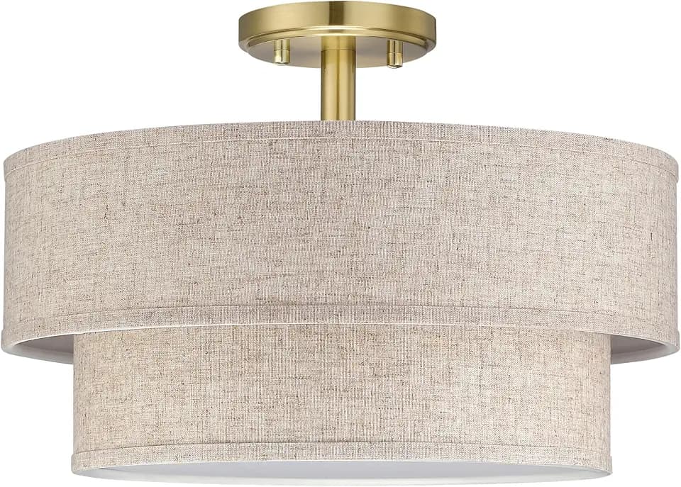 2-Tier 15" Linen Drum Fabric 3 Light Farmhouse Gold Semi Flush Mount Light