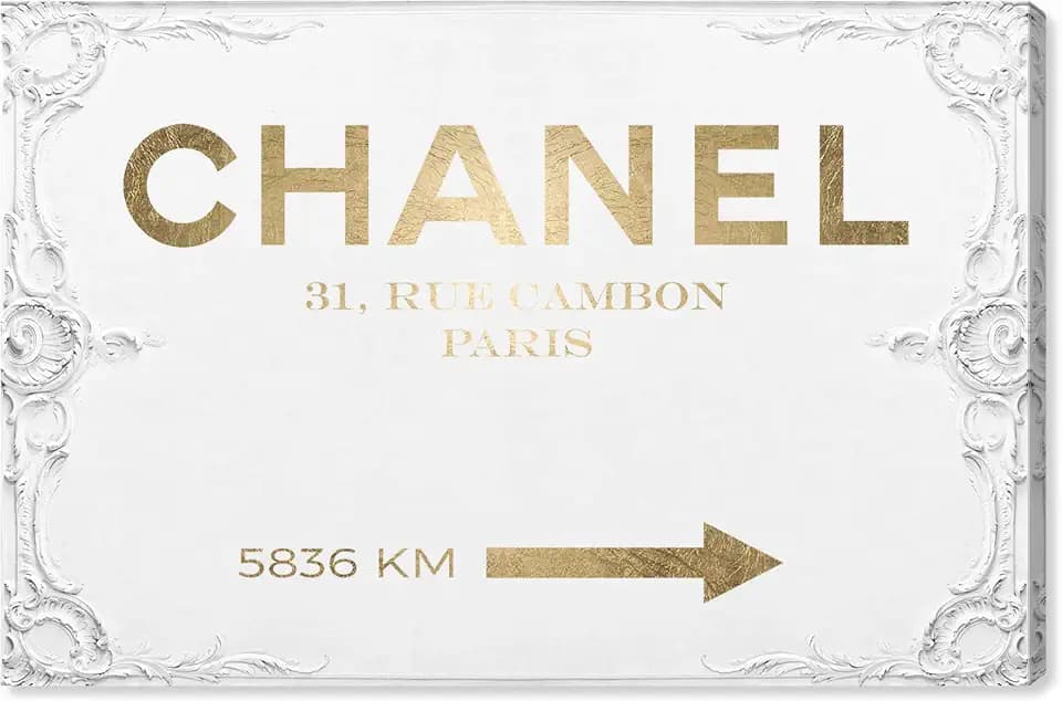 The Oliver Gal Artist Co. Typography and Quotes Contemporary Wrapped Canvas Wall Art Couture Road Sign Rococo Gold Living Room Bedroom and Bathroom Home Decor 30 in x 20 in White and Gold