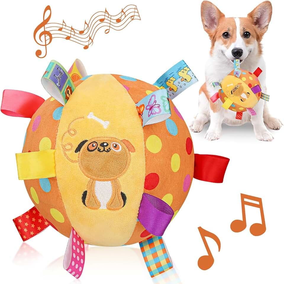 Letalong Dog Squeaky Plush Toy with Straps, 6-Inch Soft Stuffed Ball with Cotton Material and Bell Built-in, Pet Interactive Fetch Toy for Small to Large Dog