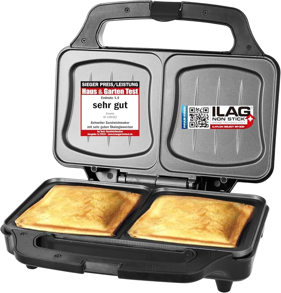 EMERIO XXL Sandwichtoaster Sandwichmaker | PREIS-/LEISTUNGSSIEGER Haus & Garten Test 03/2019 | große Muschelform | leicht zu reinigen dank ILAG Beschichtung | Käse läuft nicht aus | 900W