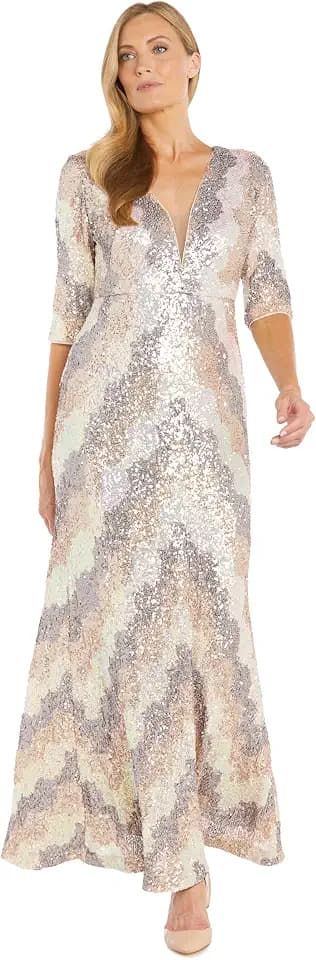 R&M Richards Elegant Stretch Beaded Sequined Maxi Dress W/ 3/4 Sleeves & Plunging Neckline