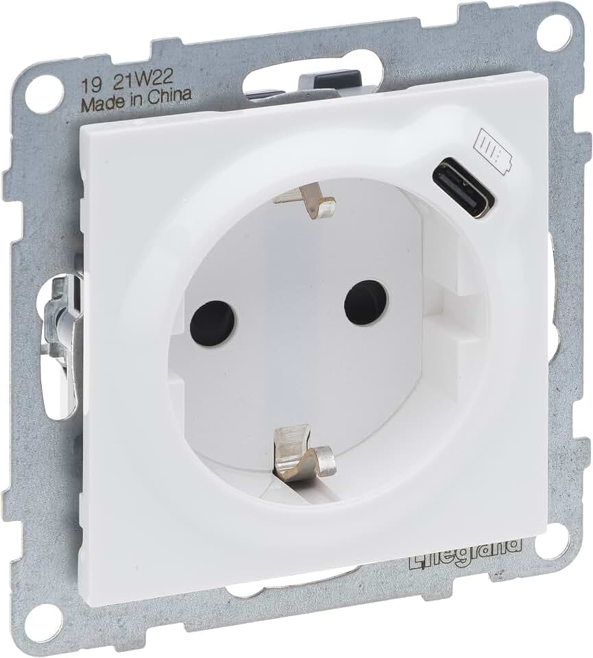 LEGRAND, SEANO 2 in 1 Steckdose, USB Typ C-Kombinationssteckdose, mit erhöhtem Berührungsschutz, Steckklemmen, 16 A, Farbe: Ultraweiß, 765126