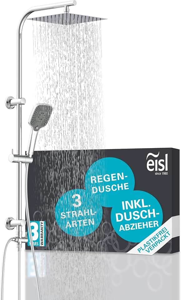 EISL EASY DELUXE Duschset, Duschsystem ohne Armatur 2 in 1 mit großer Edelstahl Regendusche (300 x 300 mm) und Handbrause, Regendusche ohne Armatur ideal zum Nachrüsten, inkl. Duschabzieher DX12011