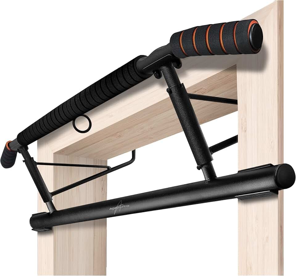 AthleticPro Klimmzugstange für Türrahmen ohne Bohren zum Einhängen – Stabile Pull Up Bar & Türreck [bis 90cm breite Tür] – Für Klimmzüge, Dips & Push-Ups inklusive Klimmzugsband