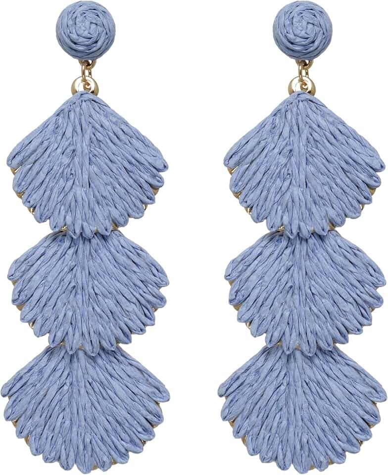 Raffia Dangle Earrings for Women - Boho Statement Rattan Drop Jewelry with Shell Design, Lightweight Summer Beach Trendy Accessories