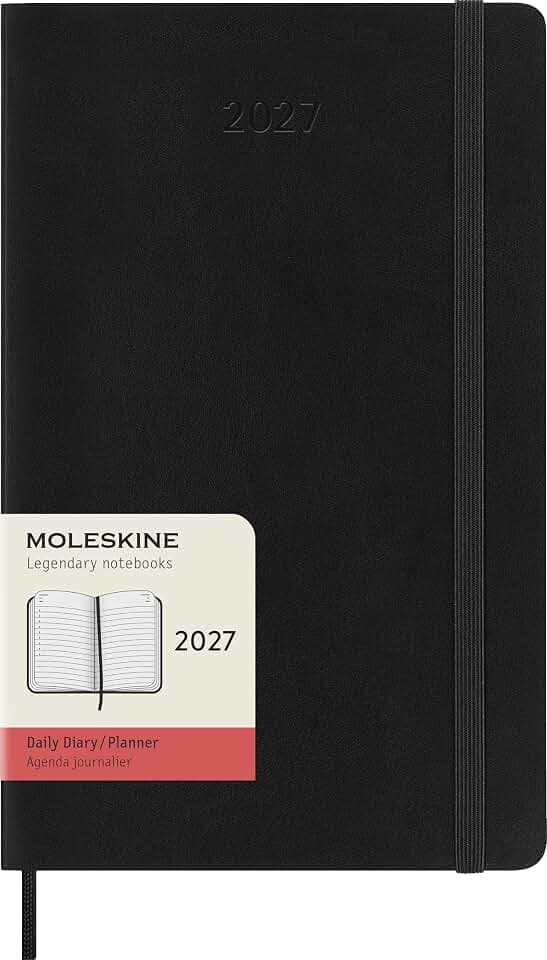 Moleskine Tageskalender 2027, 12-Monats-Planer mit Softcover, Elastischer Verschluss, Format Large 13x21 Cm, Farbe Schwarz