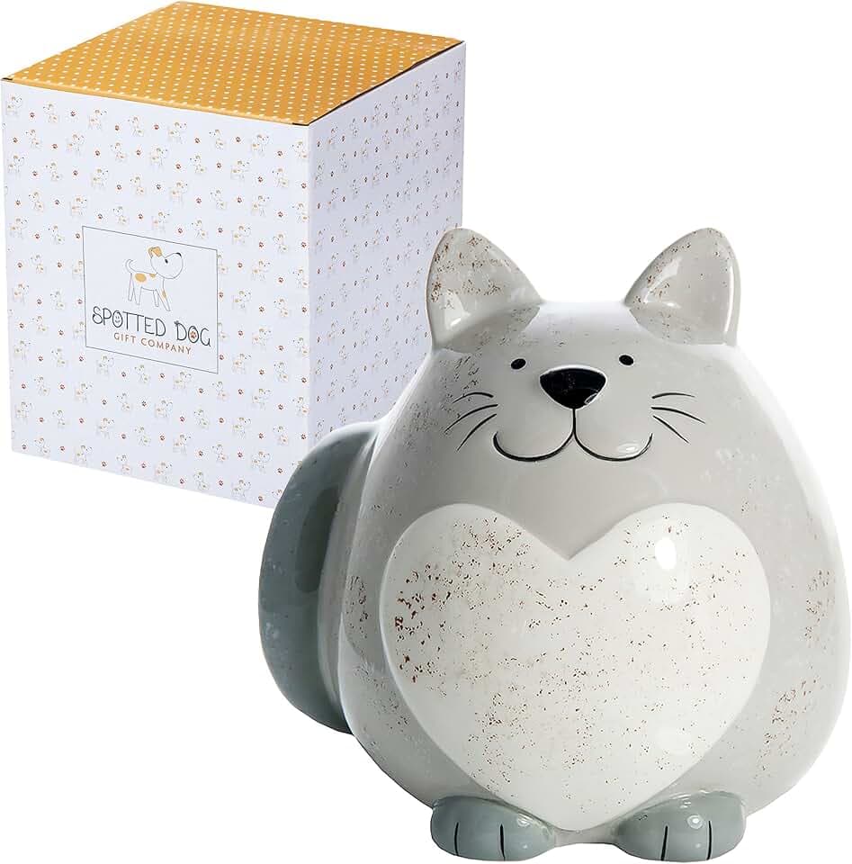 SPOTTED DOG GIFT COMPANY Spardose Kinder aus Keramik, Sparschwein mit Katzenmotiv für Mädchen Jungen Erwachsene, Niedliche Sparbüchse, Geschenke für Katzenliebhaber Katzenmama, Grau