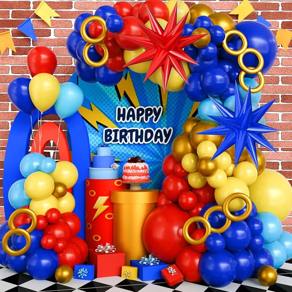 Red Blue Yellow Balloon Arch Kit Cartoon Hedgehog Theme Ballon with Explosion Star Foil Gold Circle Balloon Garland Arch Different Sizes Assorted Color Ballons for Birthday Baby Shower Party Decor