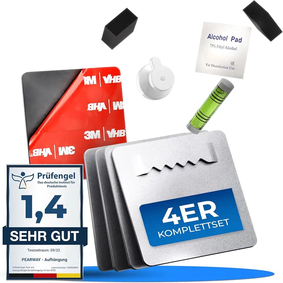 PEARWAY Bilderhaken Selbstklebend extra stark I ORIGINAL 3M Kleber I Bilder Aufhängen ohne Bohren I Bildaufhänger Selbstklebend für Acrylglasbilder I Klebehaken Bilder I Bilderhalter 4x4 (4er Set)