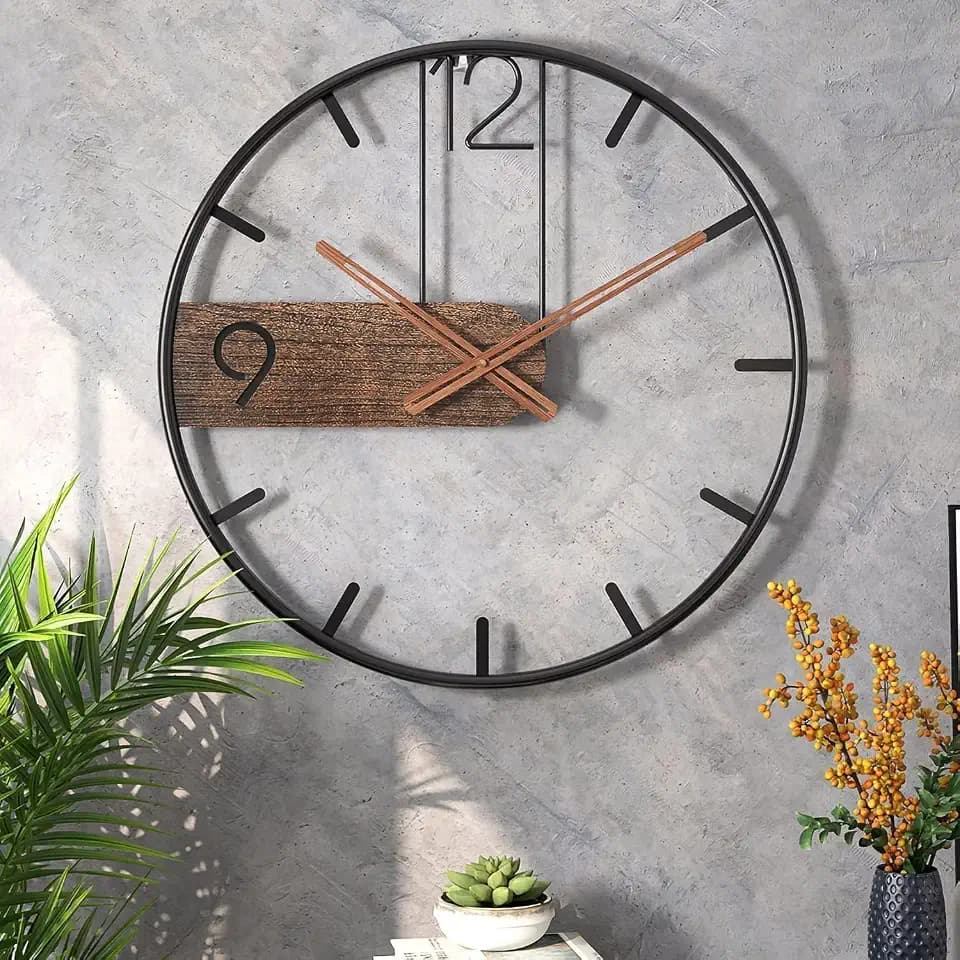 GUDEMAY Wanduhr groß XXL 40cm, Schwarz Braun, lautlos, Metall, Moderne