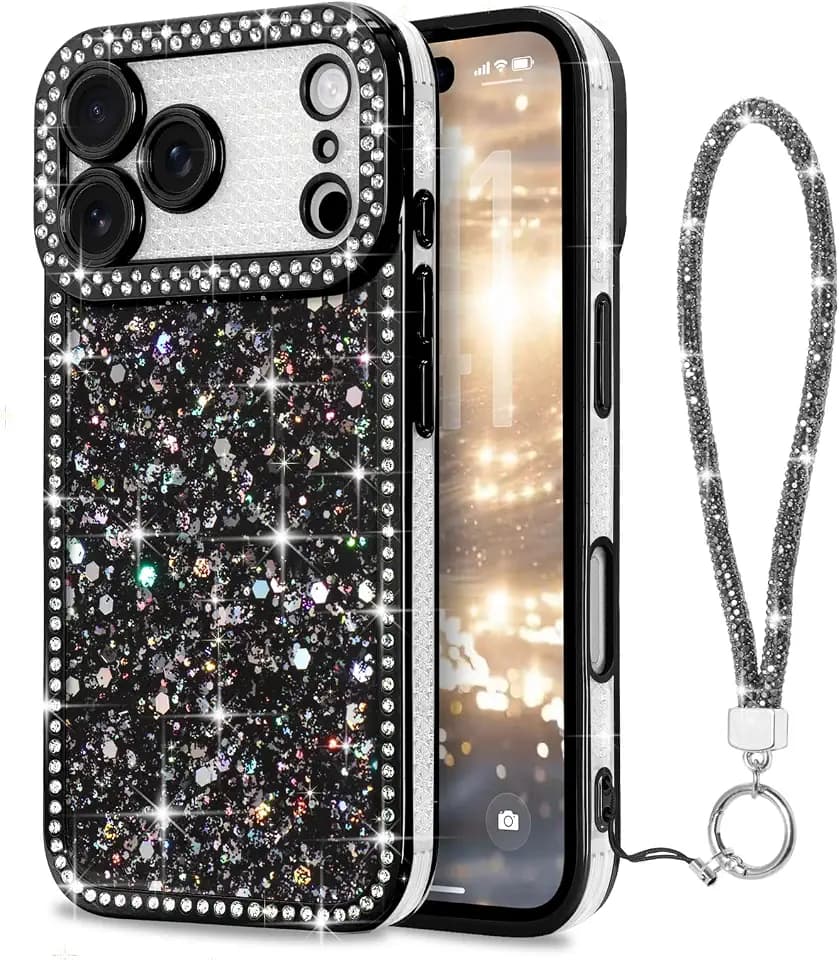 Lafunda for iPhone 18 Pro Max Case Glitter with Wrist Strap, Black