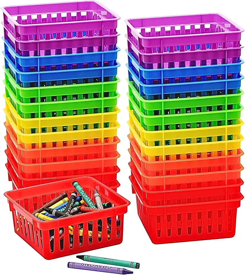 4E's Novelty 24 Pack Small Classroom Storage Baskets, Pack Bulk, Square 4.5" Sturdy Plastic Colorful Crayon & Pencil Container, Organizer Bins for Desk for Classrooms Supplies, Office, Toy Storage
