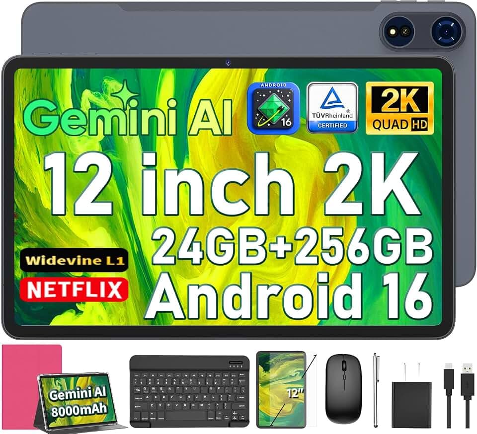 Android 16 Tablet with Keyboard - 12 inch Tablet with 26GB+256GB+2TB Expand