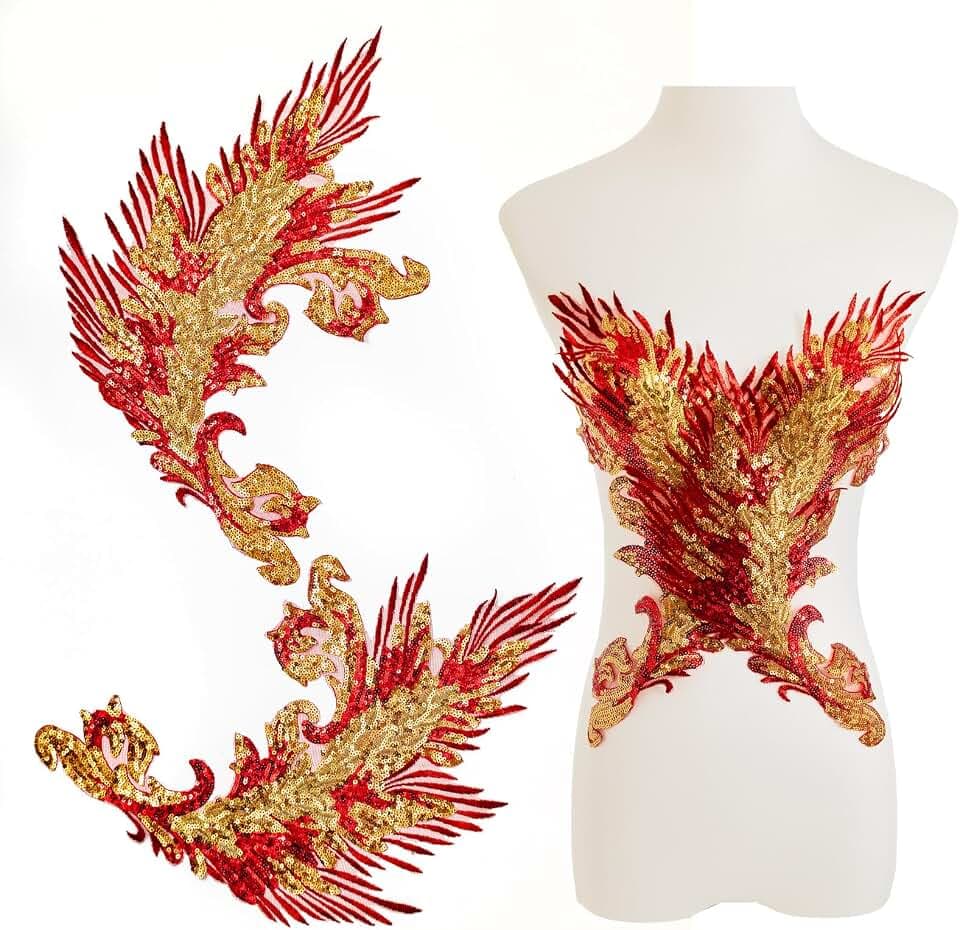 Silvora Pair Embroidery Phoenix Costume Sequin Appliques Patches, Peacock Feather Tail Applique Embellishments for Dance Dresses,Clothes,T-Shirt,Neckline Bodice Pants (Red)