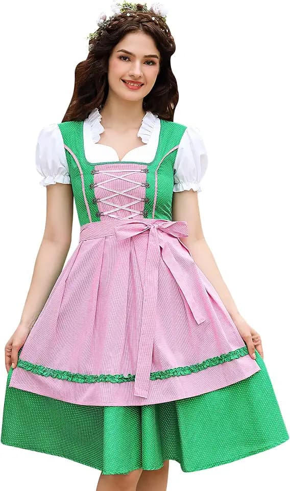 KOJOOIN Dirndl Damen midi 2tlg.Trachtenkleid für Oktoberfest inkl. Dirndl Kleid,Dirndlschürze Gr.34 bis 48(Verpackung MEHRWEG)