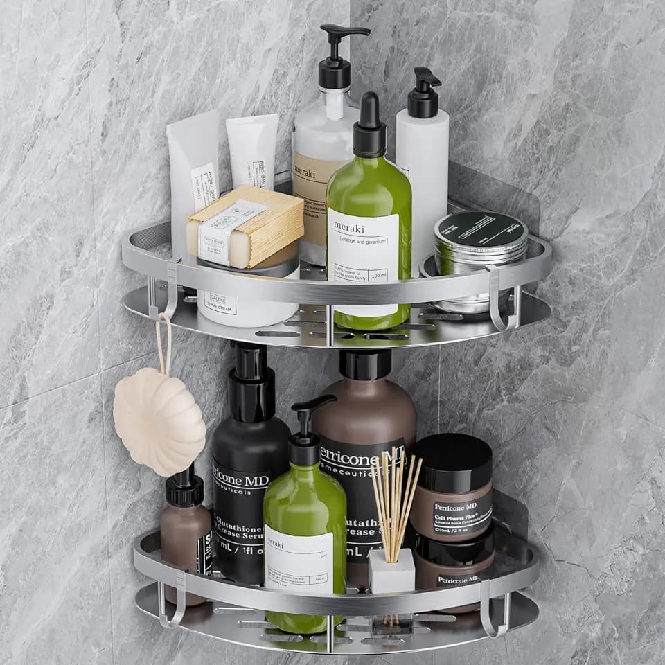GlasFlength Duschablage Ohne Bohren Ecke, 2 Stück Badezimmer Organizer Selbstklebend Badregal Rostfrei Bad Regal mit 4 Haken Ablage Dusche Eckregal Duschkorb Ohne Bohren für Bad Küchen