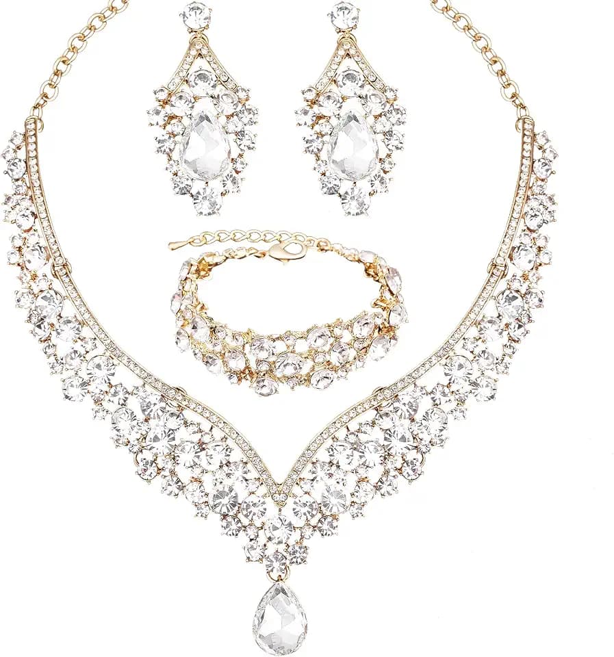 Women's Statement Necklace Earrings Link Bracelet Set for Bride Austrian Crystal Wedding Bridal Costume Jewelry Sets