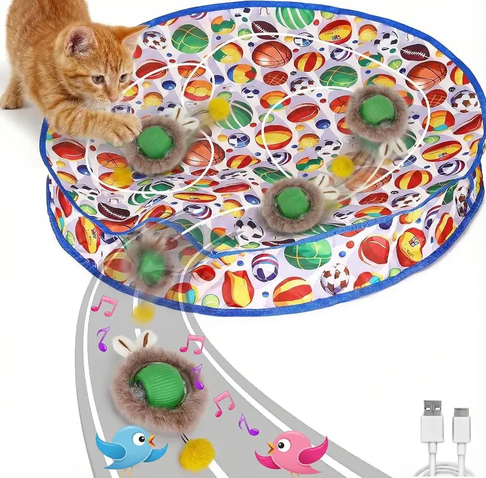 Ball Frenzy Cat Mat Interactive with Motion Sensor | Rechargeable Ball with Beep & LED Lights | Engaging Game for Indoor Cats, Reduces Boredom & Encourages Play (Double Layer) (Sport Balls)