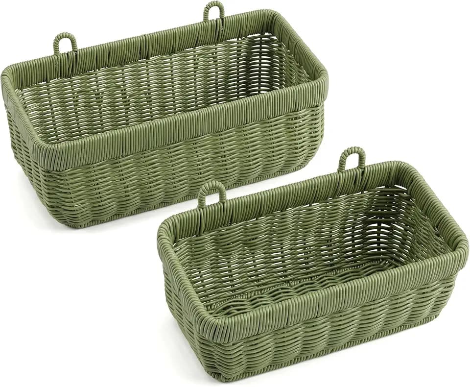 Wicker-Style Hanging Baskets, Wall Mounted Storage Organizer, Green