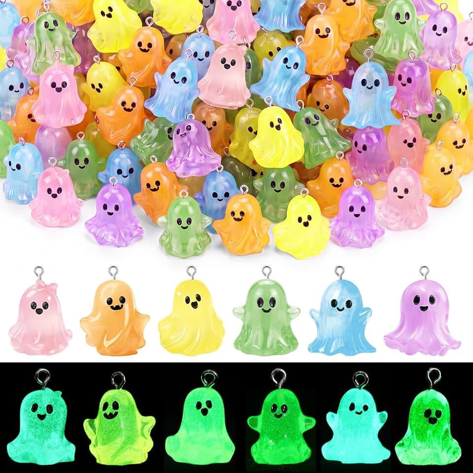 120 Pcs Halloween Pastel Ghost Charms, Mini Glow in The Dark Resin Beads