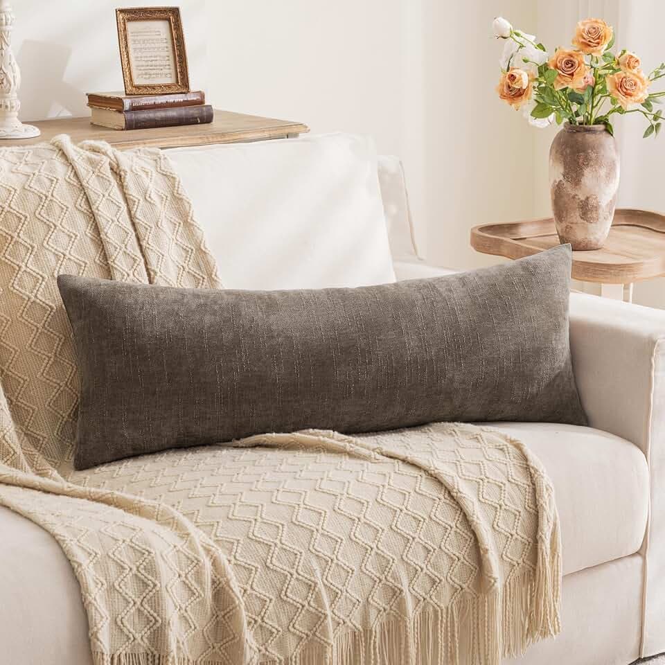 LIGICKY Lumbar Pillow Covers 14x36 Inch, Soft Textured Chenille Long Body Decorative Throw Pillow Cover Farmhouse Pillow Case for Couch Bedroom Sofa Cushion Decor, Taupe Grey (Cover ONLY, Pack of 1)
