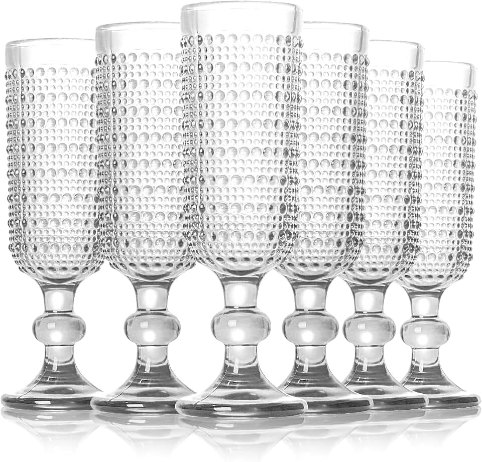 6 PCS Vintage Champagne Flutes, 5 oz Clear Goblet Champagne Glasses, Hobnail Drinking Glasses Ideal for Party Wedding Toasting Drinking Champagnes, New Years Eve Party Supplies