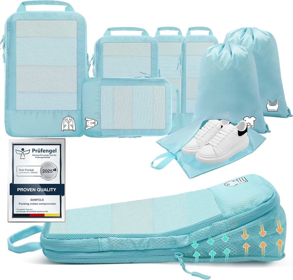 8 Teilige Compression Packing Cubes, Koffer Organizer Kompression PackwüRfel Packtaschen FüR Backpack Rucksack Reisen Organizer Hellblau