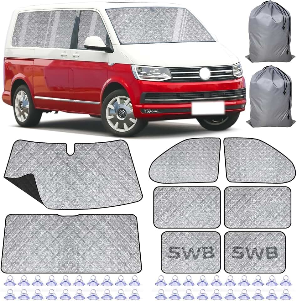 Innen Thermomatten-Set für T5/T6 Kurzheck-Modellen (SWB) - Upgrade mit schwarzer Rückseite & dickem Material, 8-teilig, Mehrschichtiger Sonnenschutz, Einfache Montage
