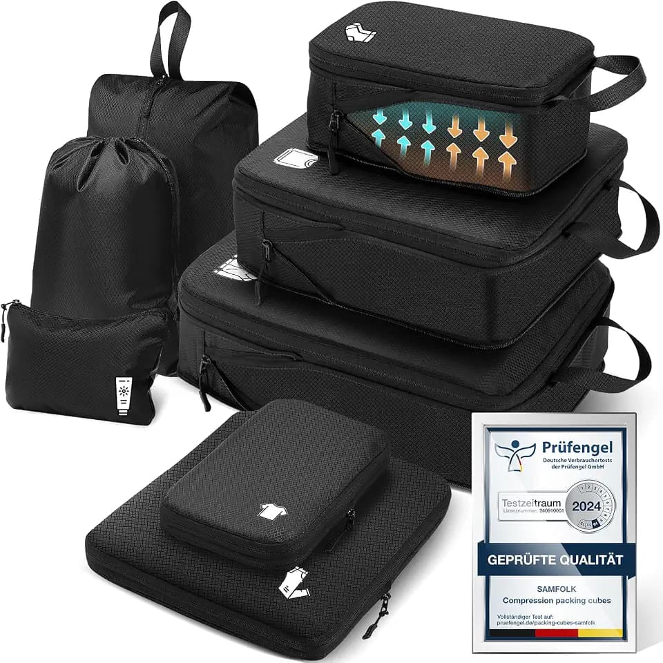 Packing Cubes Compression 8 Stück Koffer Organizer,Wasserdicht PackwüRfel Packtaschen Kompression, Travel essentials FüR HandgepäCk Koffer Und Rucksack Anthrazitschwarz