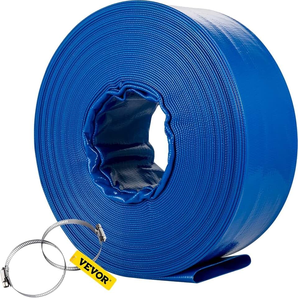 VEVOR Abflussschlauch, 76 mm x 32 m, PVC-Flachschlauch, robuster Rückspül-Ablaufschlauch mit Klemmen, wetterfest und platzsicher, ideal für Schwimmbad und Wassertransfer, blau