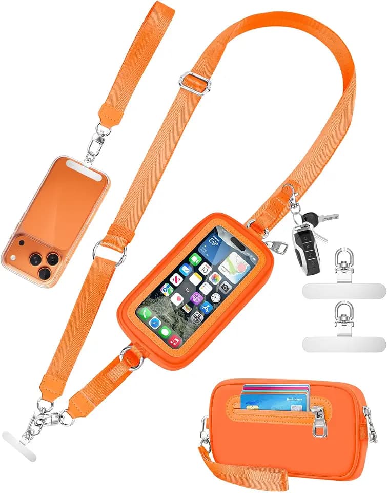 SHANSHUI Crossbody Phone Lanyard with Wallet, Adjustable Neck Lanyard, Detachable Wristlet Wallet with Zipper Phone Screen ID Window, 2x Tether Tabs Compatibe for iPhone & Most Cellphones Orange