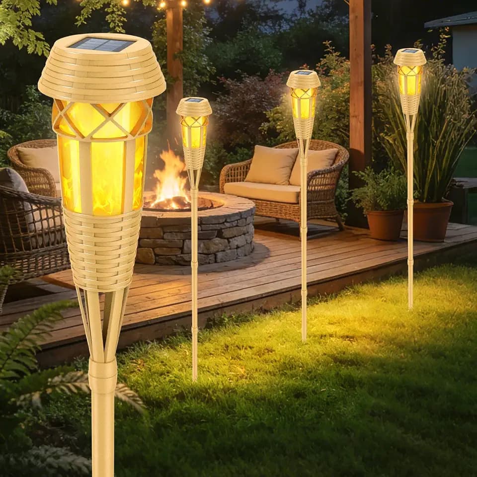 Solar Torch Lights, Flickering Flame Bamboo Outdoor Lights, 4‑Pack