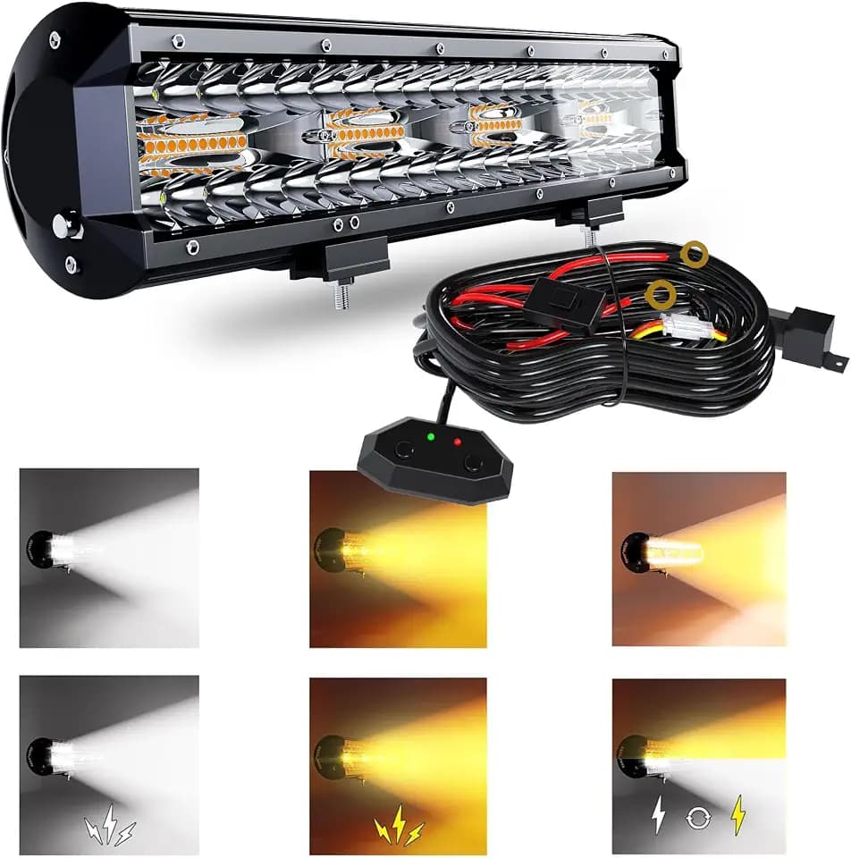 12 Inch 72W LED Light Bar White/Amber Flasing Strobe Light with Six Modes Driving Fog Lights Spot Flood Combo Beam Bumper Lights with Switch Wiring Harness for Offroad Truck 4WD SUV ATV UTV