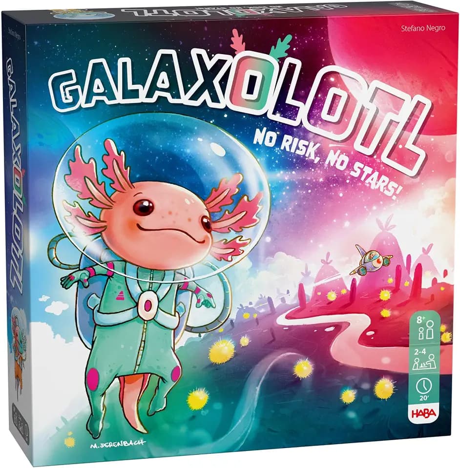 HABA Galaxolotl - No Risk No Stars - Außerirdisches Karten- und Brettspiel mit Axolotl - Ab 8 Jahren - Familienspiel für 2 bis 4 Spieler – 2012227001