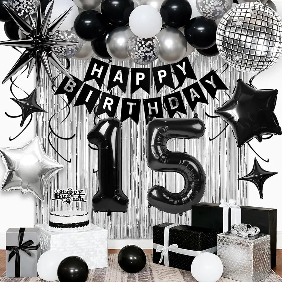15th Birthday Decorations for Boys, Black Silver Happy Birthday Party Set