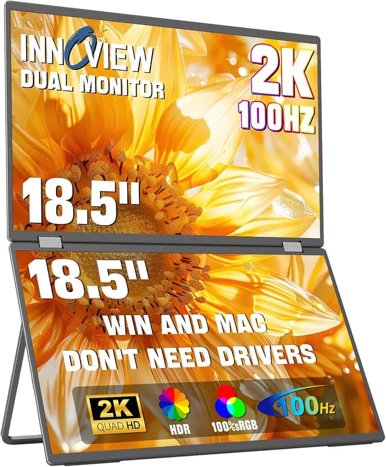 InnoView 18.5" Dual Portable Monitor 100Hz 2K 2560x1440P 100% sRGB Foldable & Stackable Design with 315° Screen Adjustment | DP/USB-C/HDMI, Second Monitor for Laptop, Mac, Windows