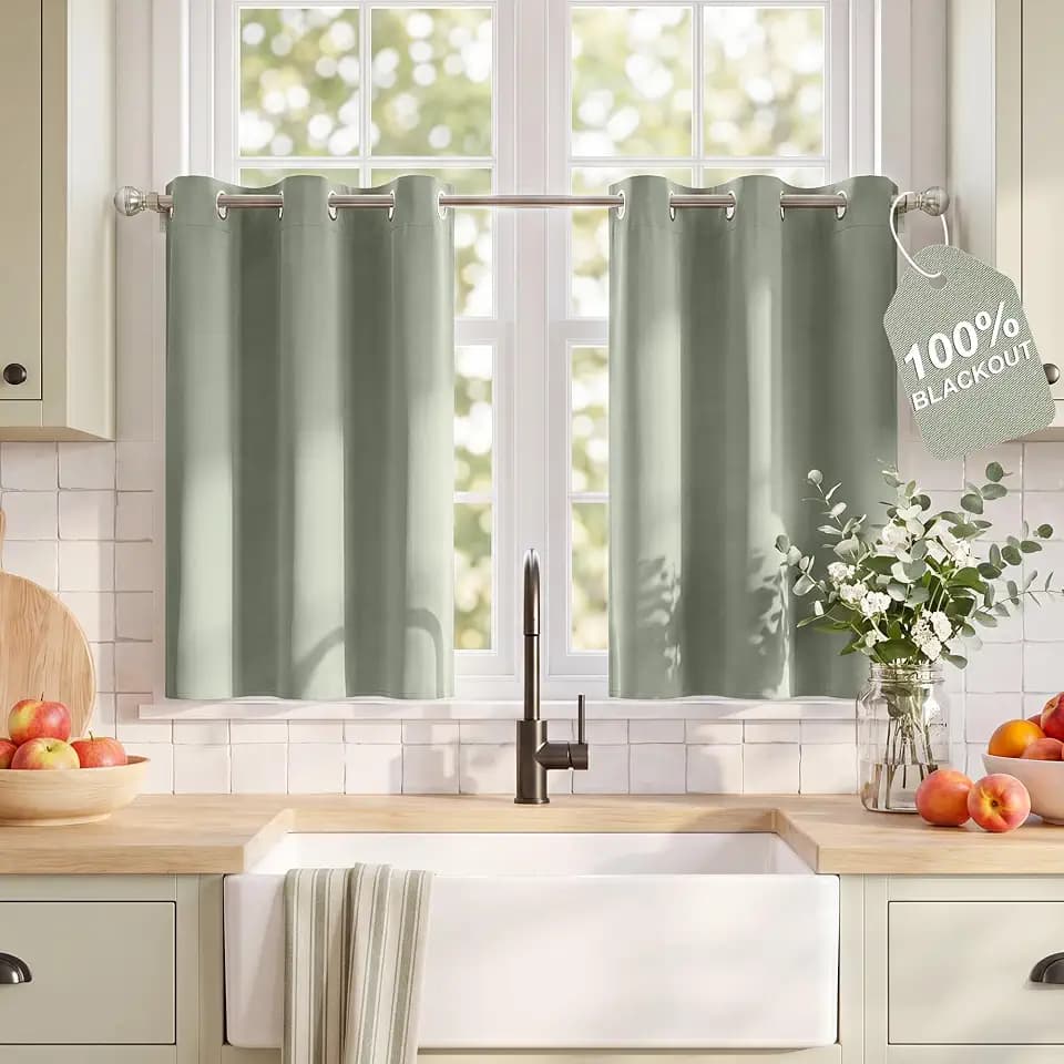 NICETOWN 100% Blackout Sage Green Kitchen Tier Curtains, W40xL36, 2 Panels