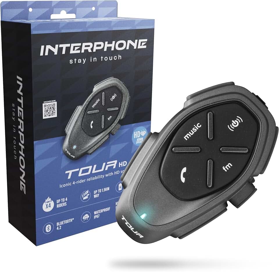 INTERPHONE HD TOUR Einzel-Headset – Bluetooth Headset fürs Motorrad – Motorrad Sprechanlage für 4 Personen – bis 1,5 km Reichweite – Bluetooth Freisprecheinrichtung für Motorradhelm für GPS und Anrufe
