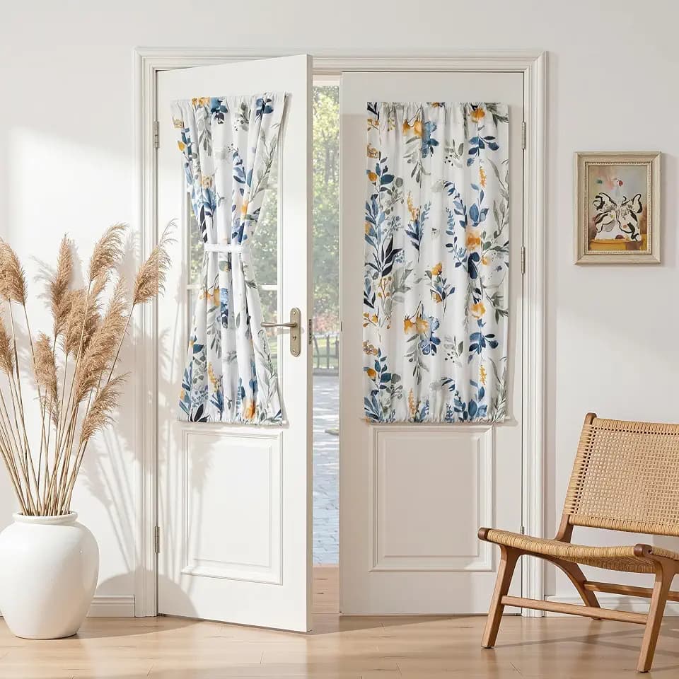 MYSKY HOME Floral French Door Curtains 40 inch Long 2 Panels Yellow & Blue