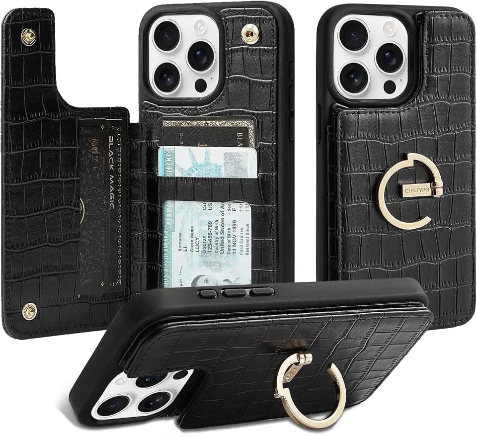 CUSTYPE for iPhone 15 Pro Max Wallet Case with Card Holder,180°Ring Holder Kickstand Card Slots Case for iPhone 15 Pro Max 6.7"-Black