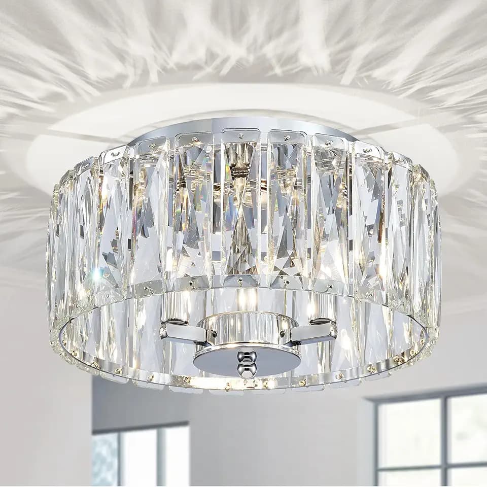 D12in K9 Crystal Ceiling Light, 3-Light Modern Flushmount Light Fixture for Bedoom, Dinning Room, Hallway, Entryway, D12×H6inch, Chrome Finish