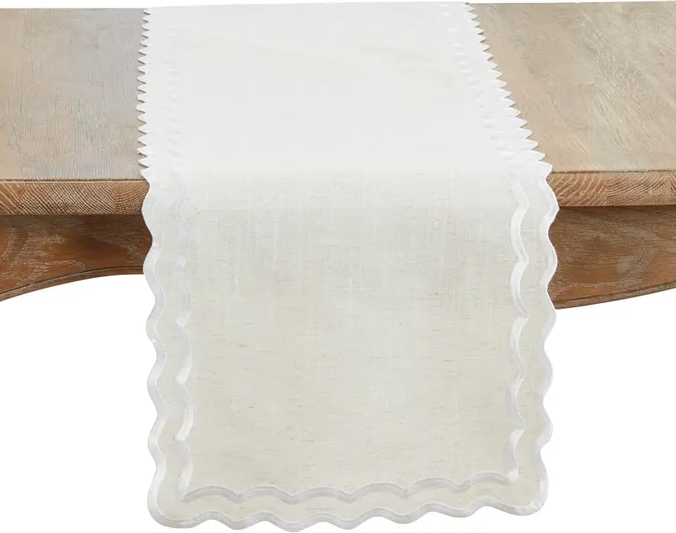 SARO LIFESTYLE Scalloped Border Table Runner - Elegant Everyday Table Runner with Embroidered Scalloped Edges for Dining Tables and Modern Entertaining, 16"x72", Natural
