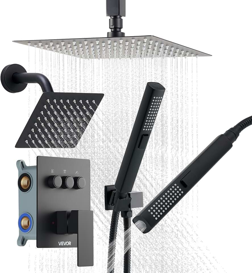 VEVOR Duschsystem-Set inkl. 10 Zoll Regenduschsystem / 6 Zoll Wandmontagekopf / 2 in 1 Handbrause, drehbarer Doppelregenkopf (3 Funktionen), Messingventil und Verkleidungssatz, Mattschwarz
